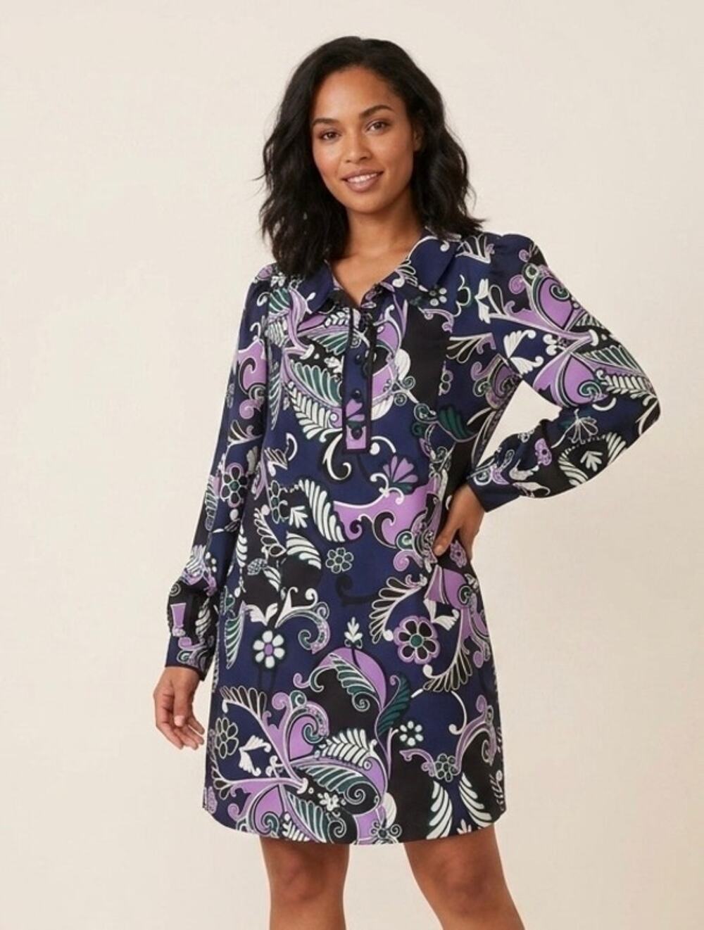 Tibi New York 100% Silk Mini Dress Sz 4 Floral Paisley‎ Retro Long Sleeve Purple